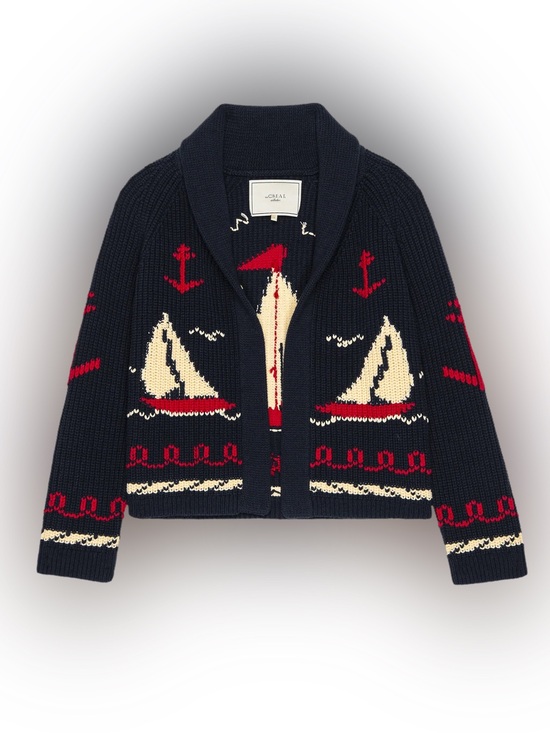 THE GREAT. Sweaters - THE GREAT. Navy Cardigan with Cream and Red Sailboat Intarsia lodge